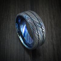 Kuro-Ti Heat-Treated Titanium Damascus Men's Ring with Grooves Custom Made Band