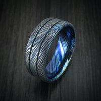 Kuro-Ti Heat-Treated Titanium Damascus Men's Ring with Grooves Custom Made Band