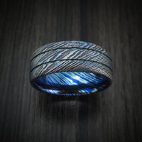 Kuro-Ti Heat-Treated Titanium Damascus Men's Ring with Grooves Custom Made Band