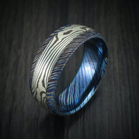 Kuro-Ti Heat-Treated Titanium Damascus Men's Ring with Mokume Gane Inlay Custom Made Band