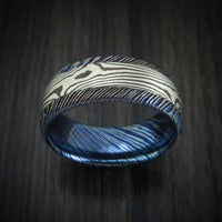 Kuro-Ti Heat-Treated Titanium Damascus Men's Ring with Mokume Gane Inlay Custom Made Band