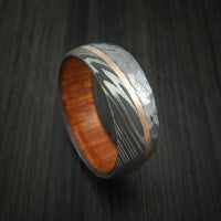 Damascus Steel and Angled 14k Rose Gold Ring with Rock Hammer Finish and Osage Orange Wood Sleeve Custom Made Band