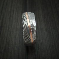 Damascus Steel and Angled 14k Rose Gold Ring with Rock Hammer Finish and Osage Orange Wood Sleeve Custom Made Band