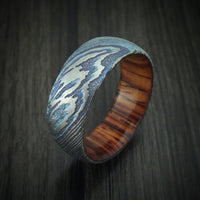 Kuro-Ti Heat-Treated Titanium Damascus Men's Ring With Hardwood Sleeve Custom Made Band