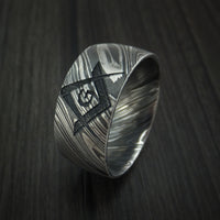 Kuro Damascus Steel Masonic Emblem Ring Custom Made Band