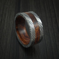 Kuro Damascus Steel Ring with Desert Ironwood Burl Inlay and Sleeve Custom Made Thick Band