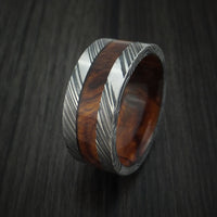 Kuro Damascus Steel Ring with Desert Ironwood Burl Inlay and Sleeve Custom Made Thick Band