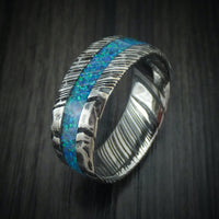 Woodgrain Kuro Damascus Steel Rock Hammer Finish Opal Men's Ring
