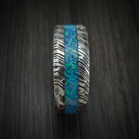 Woodgrain Kuro Damascus Steel Rock Hammer Finish Opal Men's Ring