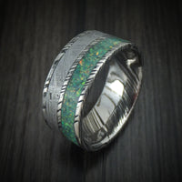 Woodgrain Kuro Damascus Steel and Meteorite Men's Ring with Opal Custom Made Band