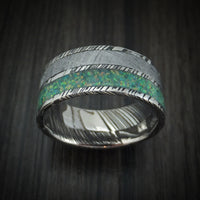 Woodgrain Kuro Damascus Steel and Meteorite Men's Ring with Opal Custom Made Band