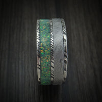 Woodgrain Kuro Damascus Steel and Meteorite Men's Ring with Opal Custom Made Band
