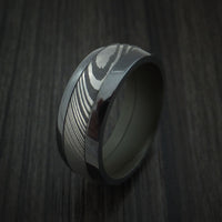 Black Zirconium and Damascus Steel Band with Vintage Green Cerakote Sleeve Custom Made Ring