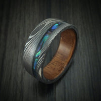 Damascus Steel Men's Ring with Abalone and Wood Sleeve Custom Made