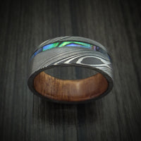 Damascus Steel Men's Ring with Abalone and Wood Sleeve Custom Made