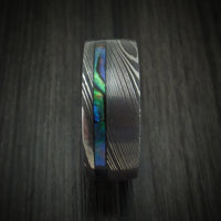 Damascus Steel Men's Ring with Abalone and Wood Sleeve Custom Made