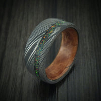 Damascus Steel Men's Ring with Opal Inlay and Wood Sleeve Custom Band