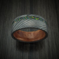 Damascus Steel Men's Ring with Opal Inlay and Wood Sleeve Custom Band
