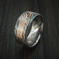 Kuro Damascus Steel and 14K Rose Gold Mokume Shakudo Gane Inlay Custom Made Band