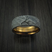 Damascus Steel Hammered Band with Anodized Titanium Sleeve and Custom Antler Engraving Hunter's Band