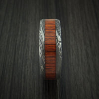 Damascus Steel Ring with Cocobolo Wood Inlay and Sleeve Custom Made Thick Band