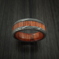 Damascus Steel Ring with Cocobolo Wood Inlay and Sleeve Custom Made Thick Band