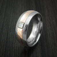 Damascus Steel and Rose Gold Band with Diamond Custom Made Ring