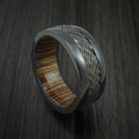 Black Zirconium and Damascus Steel Ring with Tree Bark Carved Finish and Walnut Hardwood Sleeve Custom Made Band