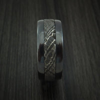 Black Titanium and Damascus Steel Ring with Tree Bark Carved Finish and Walnut Hardwood Sleeve Custom Made Band
