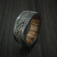 Black Zirconium and Damascus Steel Ring with Tree Bark Carved Finish and Walnut Hardwood Sleeve Custom Made Band