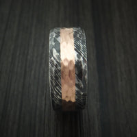 Kuro Damascus Steel Ring and 14k Rose Gold Wedding Band Hammered Genuine Craftsmanship Custom Made