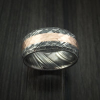 Kuro Damascus Steel Ring and 14k Rose Gold Wedding Band Hammered Genuine Craftsmanship Custom Made