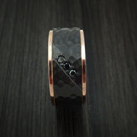 Black Titanium Hammered Band with 14K Rose Gold Edges and Black Diamonds Custom Made