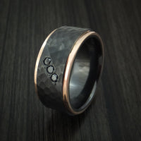 Black Titanium Hammered Band with 14K Rose Gold Edges and Black Diamonds Custom Made