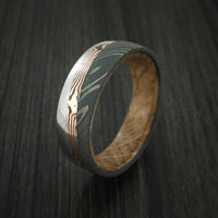 Damascus Steel Ring with Diagonal Rose Gold Mokume Shakudo Inlay and Jack Daniels Wood Sleeve Custom Made