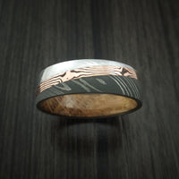 Damascus Steel Ring with Diagonal Rose Gold Mokume Shakudo Inlay and Jack Daniels Wood Sleeve Custom Made