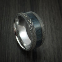 Damascus Steel Ring inlaid with BLUEBERRY WOOD Custom Made to Any Size and Optional Wood Types