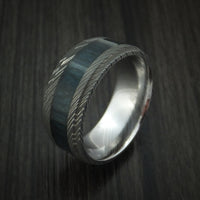 Damascus Steel Ring inlaid with BLUEBERRY WOOD Custom Made to Any Size and Optional Wood Types