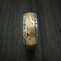 Kuro Damascus Steel and Yellow Gold Mokume Shakudo Gane Inlay Custom Made Band