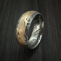 Kuro Damascus Steel and Yellow Gold Mokume Shakudo Gane Inlay Custom Made Band