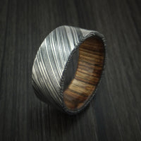 Kuro Damascus Steel Ring with Walnut Wood Hardwood Sleeve Custom Made Wood Band