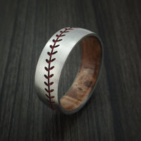 Titanium Baseball Ring with Red Stitching and Wood Sleeve Fan Band Any Size and Color