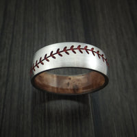 Titanium Baseball Ring with Red Stitching and Wood Sleeve Fan Band Any Size and Color