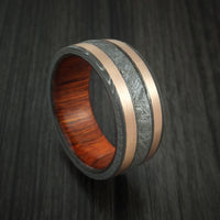 Damascus Steel and Gibeon Meteorite Ring with Copper Inlays and Wood Sleeve Custom Made Band