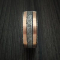 Damascus Steel and Gibeon Meteorite Ring with Copper Inlays and Wood Sleeve Custom Made Band