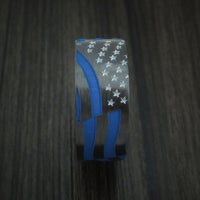 Black Zirconium and Cerakote American Thin Blue Line Flag Custom Made United States Police Ring