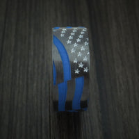 Black Titanium and Cerakote American Thin Blue Line Flag Custom Made United States Police Ring
