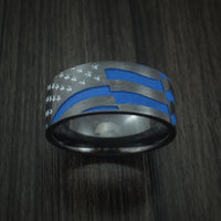 Black Zirconium and Cerakote American Thin Blue Line Flag Custom Made United States Police Ring