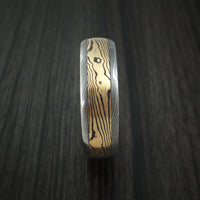 Damascus Steel Ring with Yellow Gold Mokume and Yellow Gold Sleeve Custom Made Band