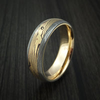 Damascus Steel Ring with Yellow Gold Mokume and Yellow Gold Sleeve Custom Made Band